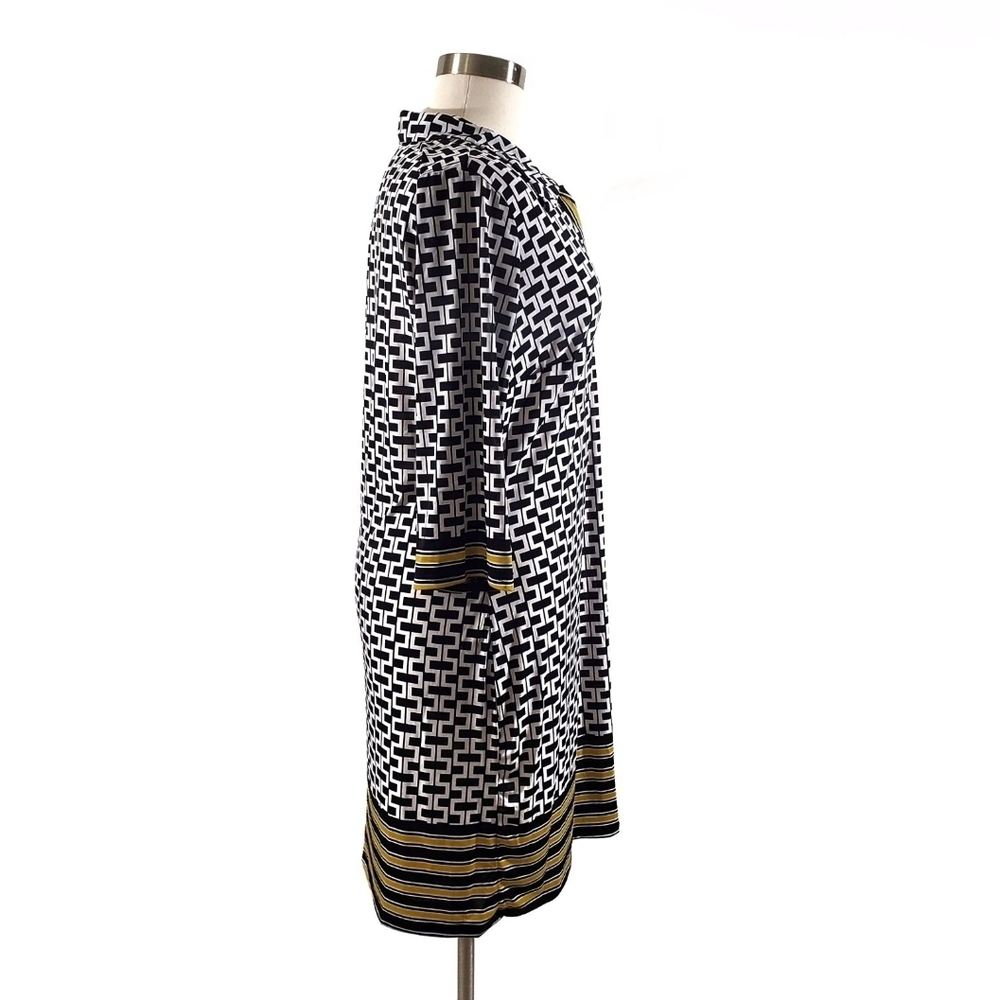 Mlle Gabrielle Black White Geometric Print Dress Yellow Trim 3/4 Sleeves - Picture 3 of 6
